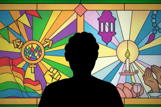 Silhouette of person looking at church windows.